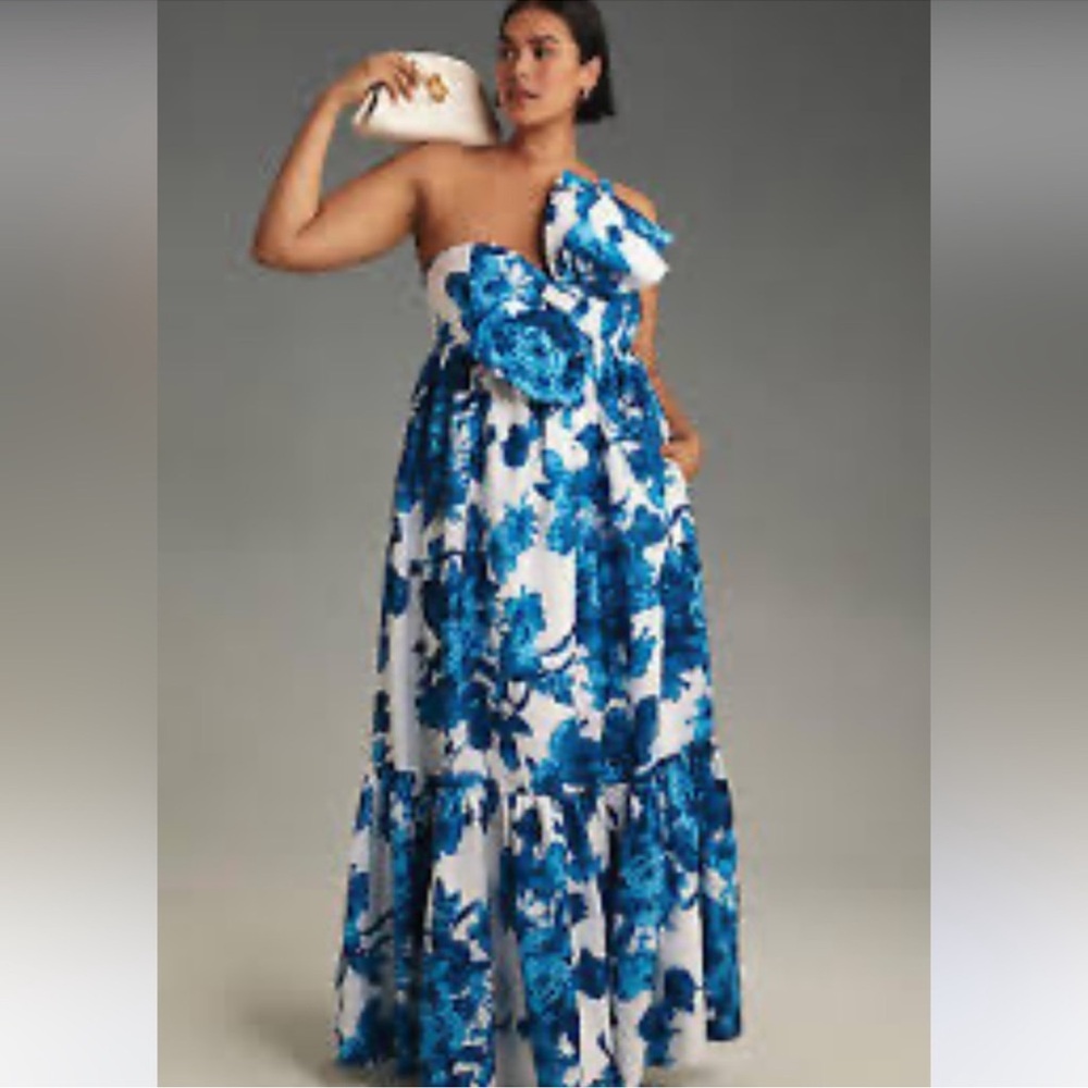 Anthropologie Teal and White Floral Maxi Dress